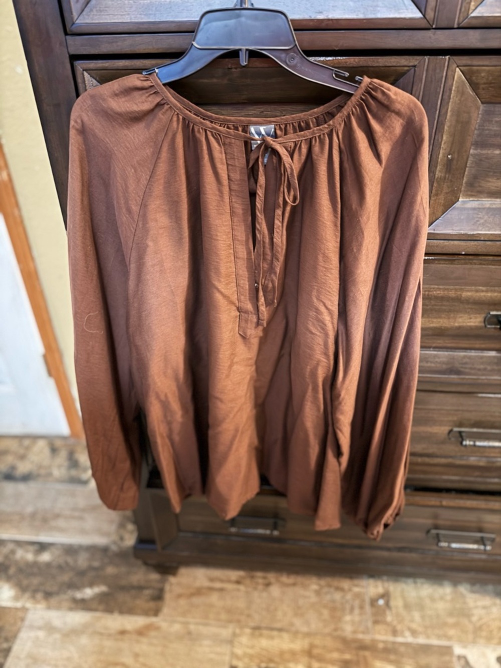Worthington Brown Tie-Neck Peasant Blouse